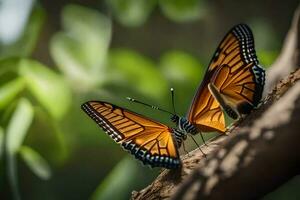 dos mariposas son sentado en un rama. generado por ai foto