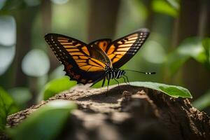 un mariposa es sentado en un árbol tocón. generado por ai foto