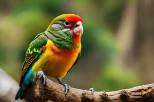 a colorful bird sits on a branch. AI-Generated photo