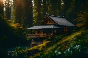 un pequeño cabina en el bosque con un arroyo. generado por ai foto