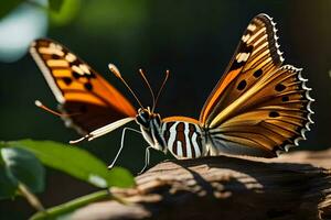 two butterflies are sitting on top of a branch. AI-Generated photo