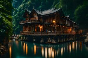 a house on the water in the middle of a forest. AI-Generated photo