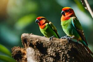 two colorful birds sitting on a tree branch. AI-Generated photo
