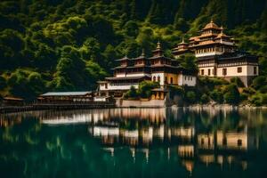 a beautiful monastery sits on the shore of a lake. AI-Generated photo