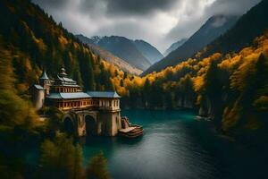 a beautiful castle sits on a bridge over a lake. AI-Generated photo