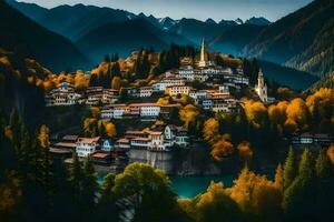 the village of bled is surrounded by mountains. AI-Generated photo