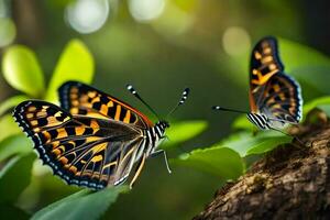 dos mariposas son sentado en un árbol rama. generado por ai foto