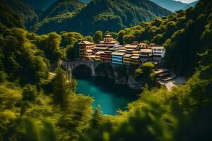 a small village sits on a hill overlooking a river. AI-Generated photo