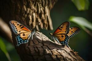 two butterflies are sitting on a tree trunk. AI-Generated photo