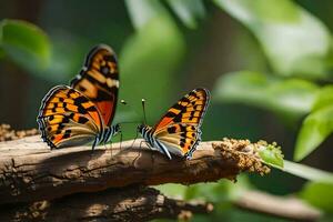 dos mariposas son sentado en un rama. generado por ai foto