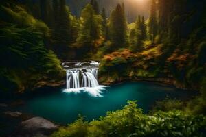 a waterfall in the forest with the sun shining. AI-Generated photo