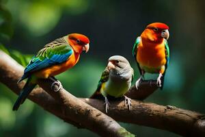 Tres vistoso aves sentado en un rama. generado por ai foto