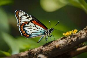 a butterfly is sitting on a branch with a flower. AI-Generated photo