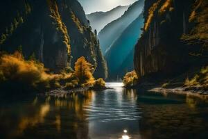 the sun shines over a river in the mountains. AI-Generated photo