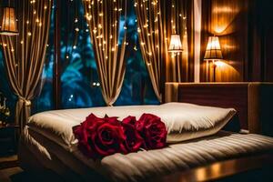 a bed with two red roses on it. AI-Generated photo