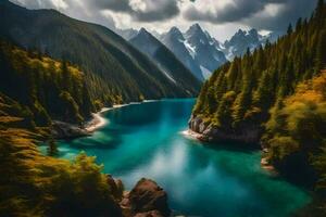 a beautiful lake surrounded by mountains and trees. AI-Generated photo