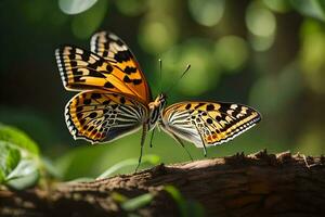 dos mariposas son sentado en un rama. generado por ai foto