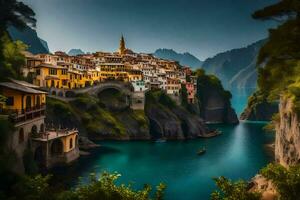 the village of italy is surrounded by mountains and water. AI-Generated photo