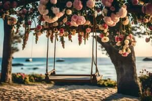 a swing hanging from a tree with flowers on it. AI-Generated photo