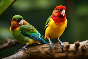 two colorful birds sitting on a branch. AI-Generated photo