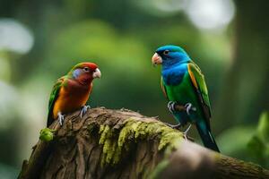 two colorful birds sitting on a branch. AI-Generated photo