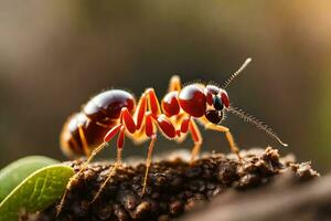 an ant is standing on a log. AI-Generated photo