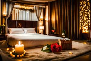 a bed with candles and roses in front of a bed. AI-Generated photo