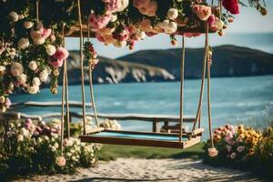 a swing with flowers hanging from it. AI-Generated photo