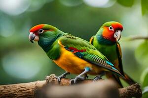 two colorful birds sitting on a branch. AI-Generated photo