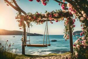 a swing with flowers on the beach. AI-Generated photo