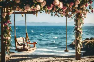 a swing on the beach with flowers. AI-Generated photo