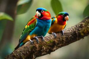 two colorful birds sitting on a branch. AI-Generated photo