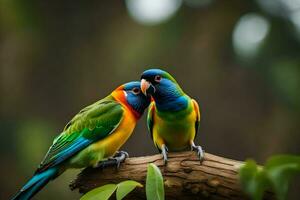 two colorful birds sitting on a branch. AI-Generated photo