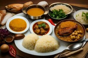 un plato de comida con arroz, carne, y otro platos. generado por ai foto