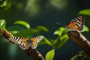 dos mariposas son sentado en un rama. generado por ai foto