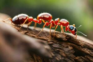 un rojo hormiga en un registro. generado por ai foto