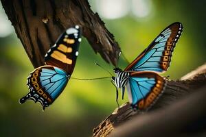 dos mariposas son sentado en un rama. generado por ai foto