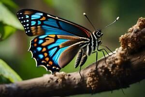 un mariposa con azul y negro alas es sentado en un rama. generado por ai foto