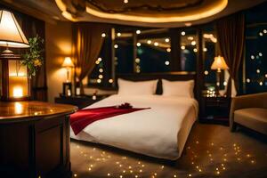 un cama o camas en un habitación a el hotel. generado por ai foto