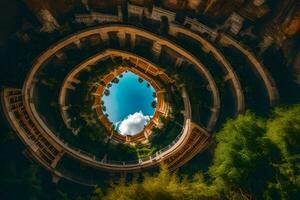 the sky is blue in the middle of a circular building. AI-Generated photo