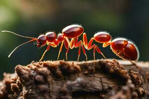 un hormiga es caminando en un registro. generado por ai foto