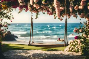 swings and flowers on the beach. AI-Generated photo