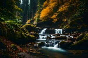 a waterfall in the woods with trees and moss. AI-Generated photo