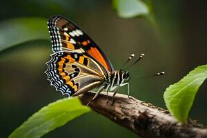 un mariposa es sentado en un rama. generado por ai foto