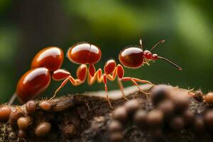 un rojo hormiga hormiga en un Iniciar sesión con marrón frijoles. generado por ai foto