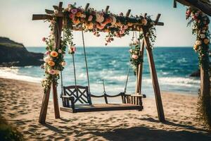 a swing on the beach with flowers. AI-Generated photo