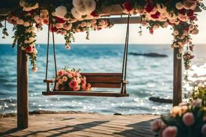 a swing with flowers on it overlooking the ocean. AI-Generated photo