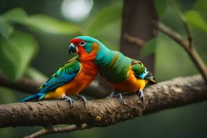 two colorful birds sitting on a branch. AI-Generated photo