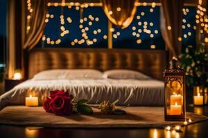 romantic bedroom with candles and rose. AI-Generated photo