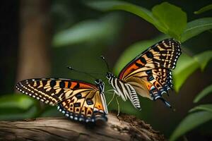 dos mariposas son sentado en un rama. generado por ai foto